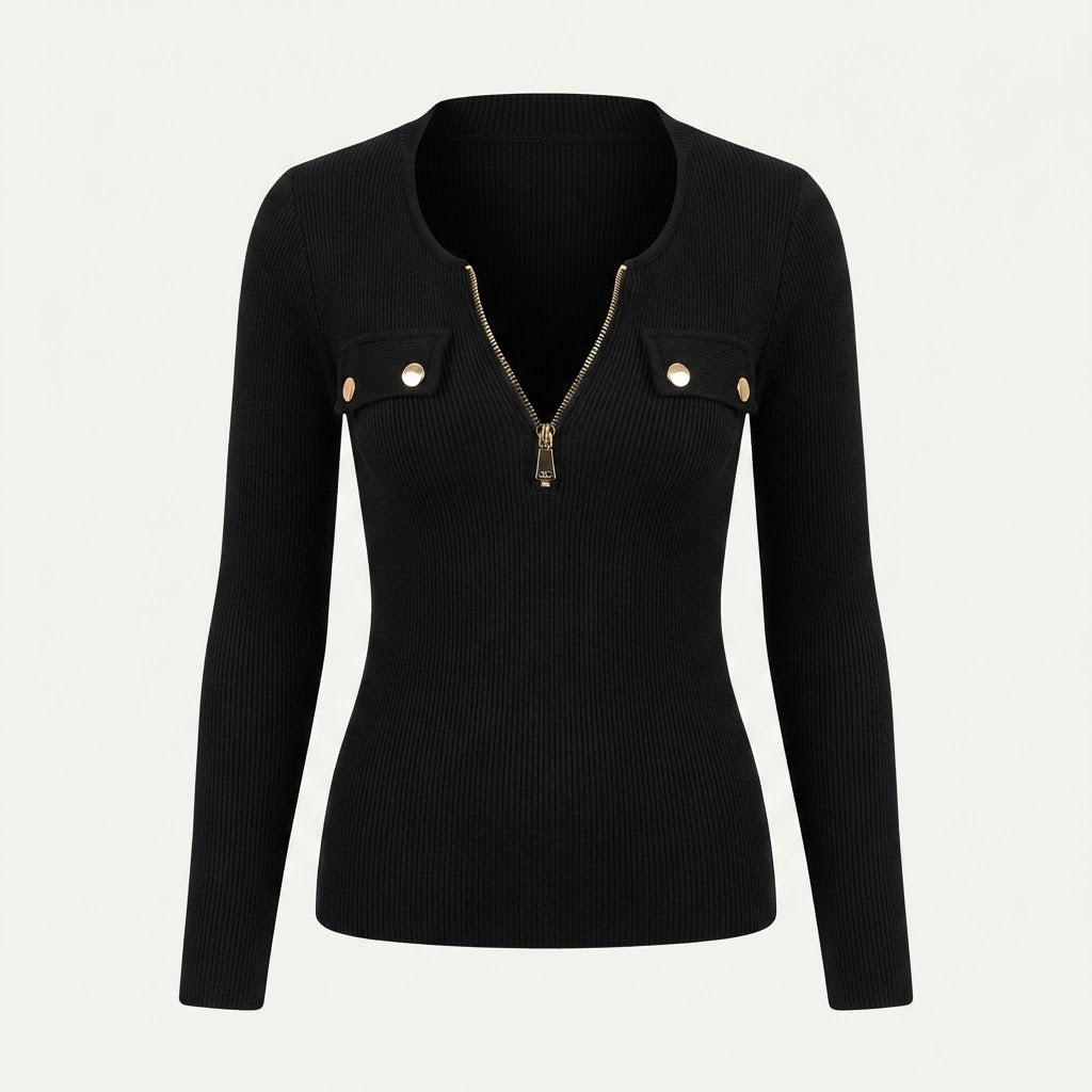 Winifred Ashworth | Ribbed Zip-Up Long Sleeve Top For Women