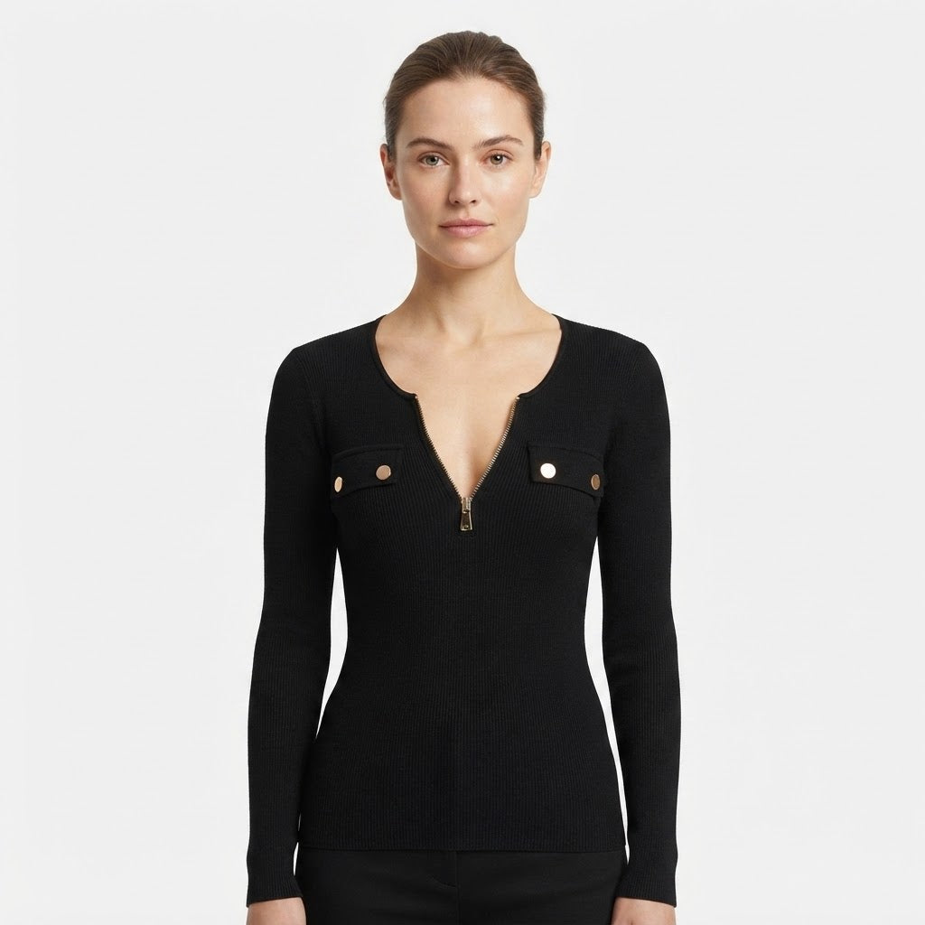 Winifred Ashworth | Ribbed Zip-Up Long Sleeve Top For Women
