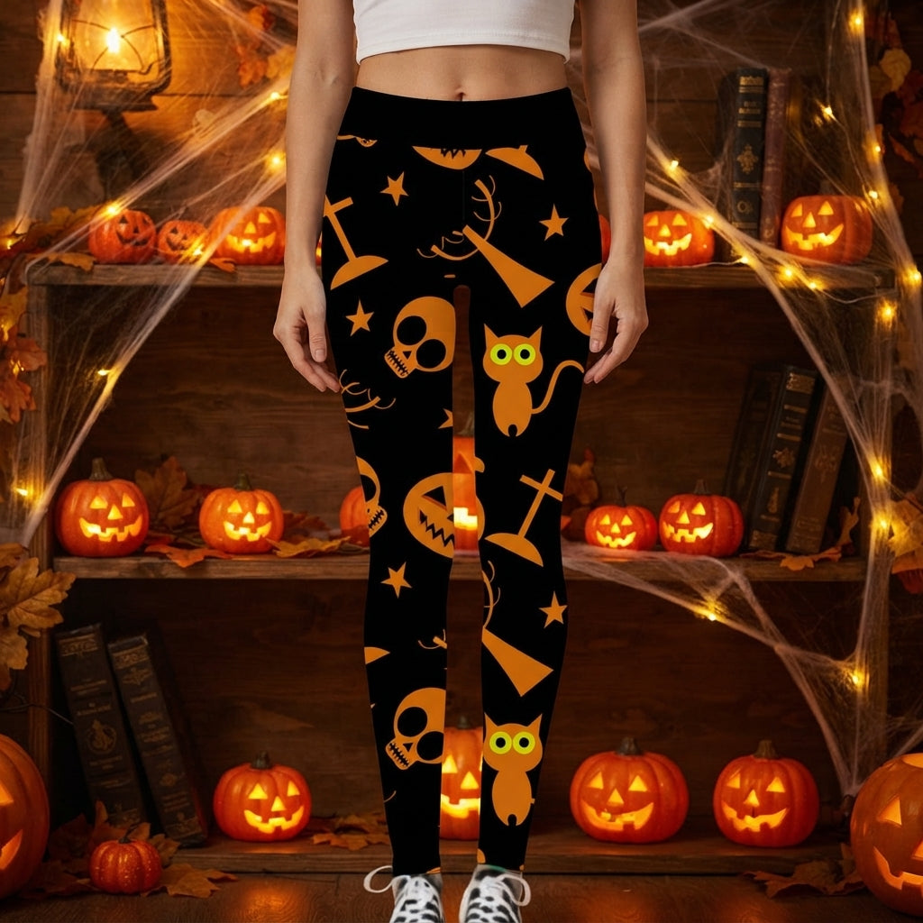 Clara Whitlock | Skull & Pumpkin Print Halloween Leggings