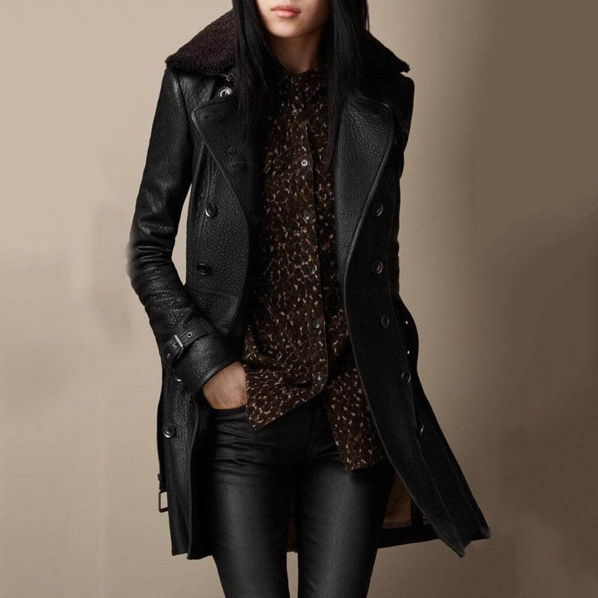 Women's Double-Breasted Tailored Coat with Plush Collar