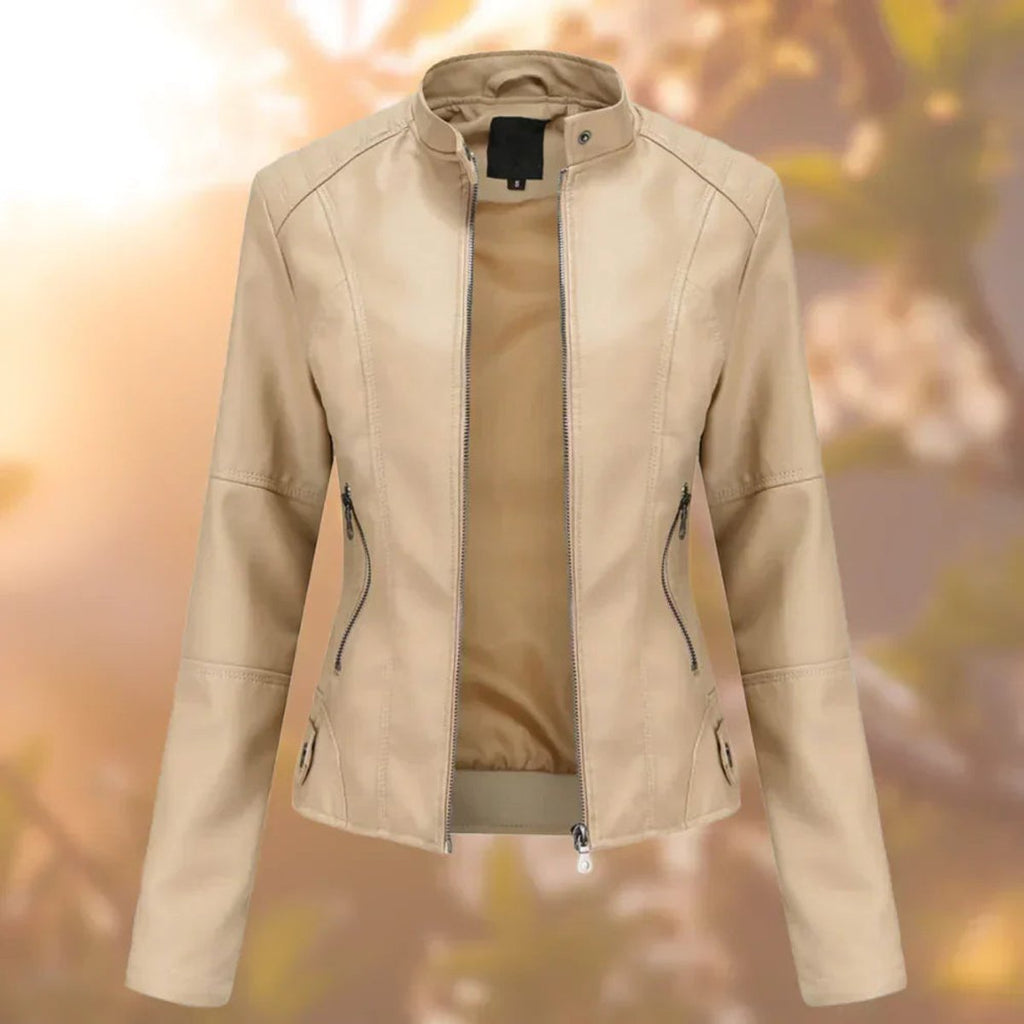 Women's Faux Leather Zip-Up Biker Jacket - Beige