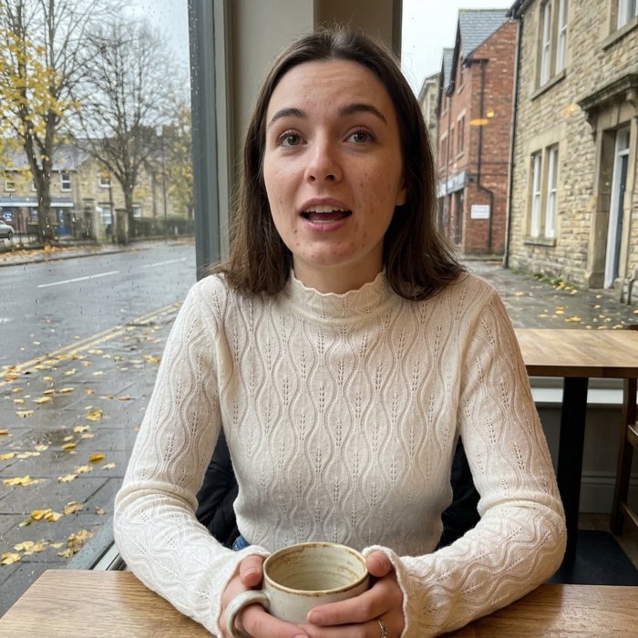 Woman in a cream ribbed turtleneck jumper in a cafe