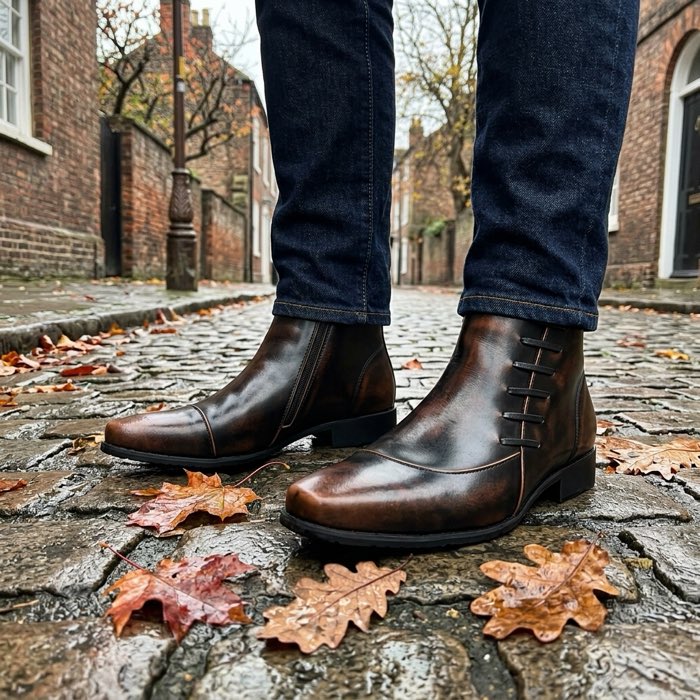 Leather Chelsea boots on a wet cobbled street
