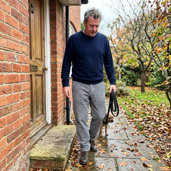 Man in corduroy trousers on his front step with a dog lead