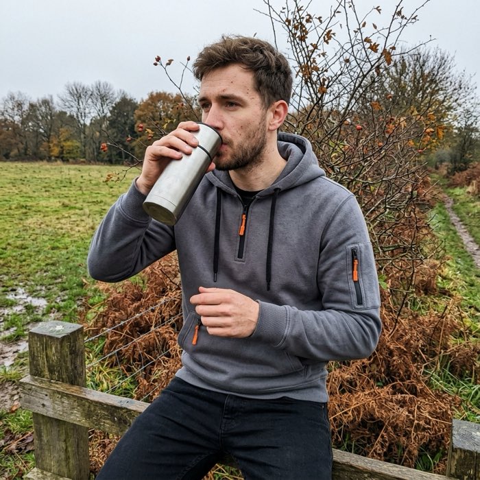 Man in a quarter-zip fleece hoodie sitting on a stile