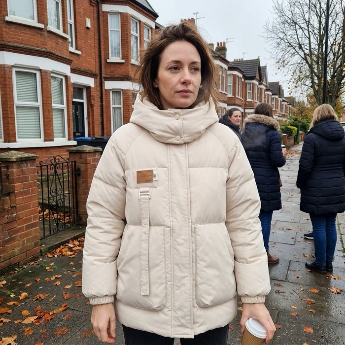 Woman in a padded hooded puffer coat on a grey morning