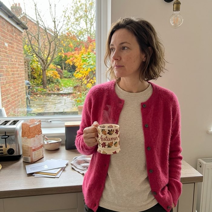 Woman in a button-down cardigan in her kitchen
