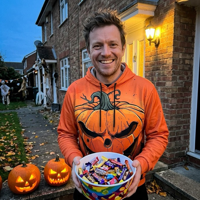 Man in a pumpkin print hoodie handing out sweets on a doorstep