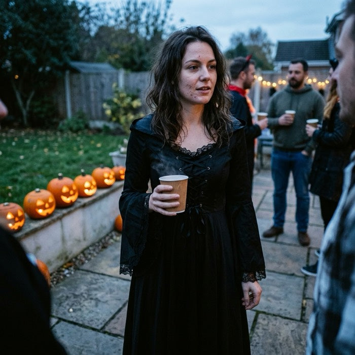 Woman in a hooded witch dress at an outdoor Halloween gathering