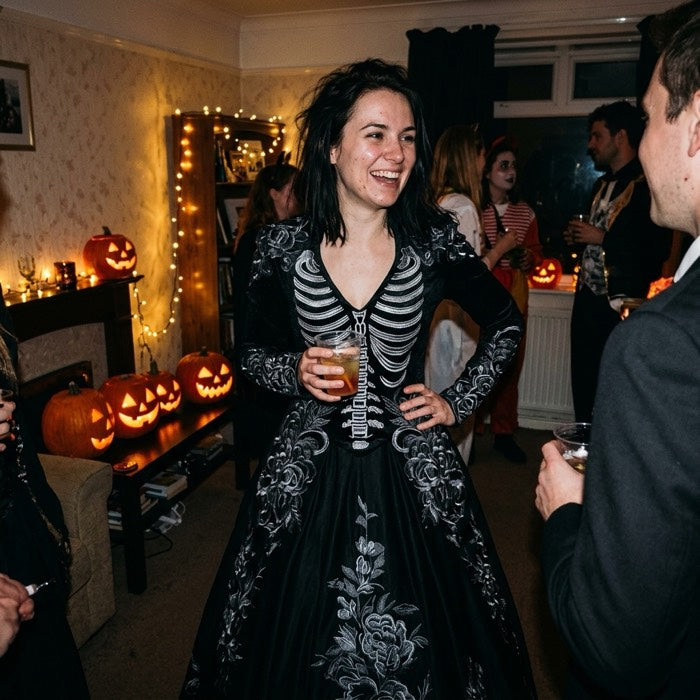 Woman in a skeleton print gown at a Halloween house party